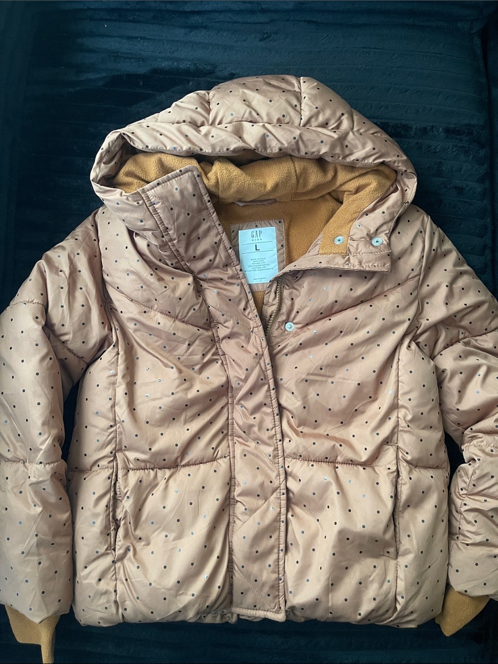GAP Tan Polka Dot Puffer Jacket with Mustard Lining